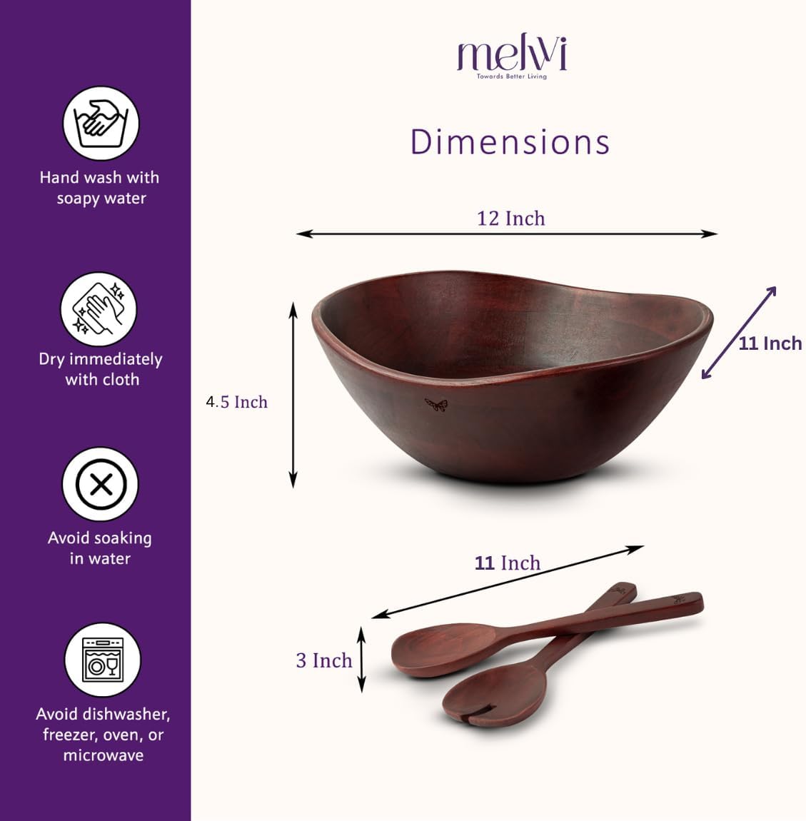 Melvvi Large Wooden Salad Bowl Set with 2 Serving Utensils | 12" Acacia Wood Royal Brown color Bowls for Food | Great Gift for Mothers Day (Royal Set of 3)