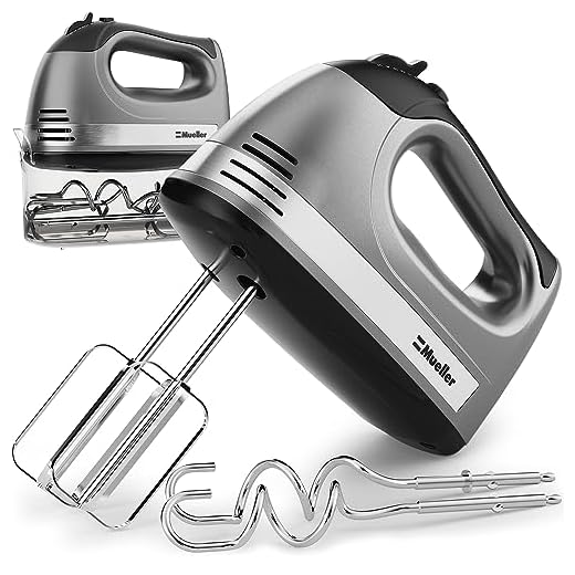 Mueller Electric Hand Mixer, 5 Speed 250W Turbo with Snap-On Storage Case and 4 Stainless Steel Accessories for Easy Whipping, Mixing Cookies, Brownies, Cakes, and Dough Batters