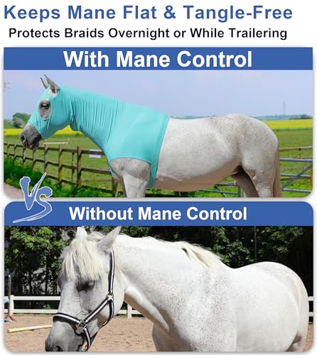 Image of Horse Slinky Hood with Zipper, Stretch Spandex Sleazy Hood for Mane Protection, Breathable Horse Neck Cover for Show Prep, Braids Saver, Sleek Grooming Under Blanket Use Turquoise Medium