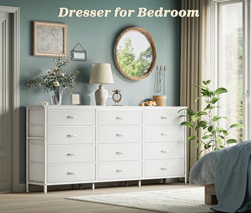 PRAISUN 63 Inch Long Dresser TV Stand for 65, 70 Inch TV, 12 Drawer Dresser for Closet, Bedroom, Large Fabric Drawers, Entryway Hallway Chest of Drawers, Wooden Top, Media Console, PU Leather, White by PRAISUN - Used condition - Image 6