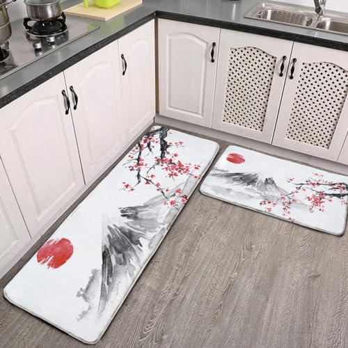 キッチンマット 富士山 桜 さくら 和風柄 日本画 水墨画 水彩絵 台所マット 2枚セット 玄関マット 足ふきマット 床保護マット カーペット 部屋マット フランネル おしゃれ 滑り止め 柔らかい 吸水 速乾 耐磨耗性 お手入れ簡単 洗える 家庭用 120