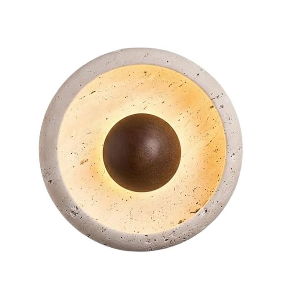 JISHUBO 7.8 Inch Round Yellow Travertine Wall Light, Industrial Style Wall Sconce, LED Light Source Wood Wall Lamp, Living Room Balcony Corridor Decoration Lighting Fixtures