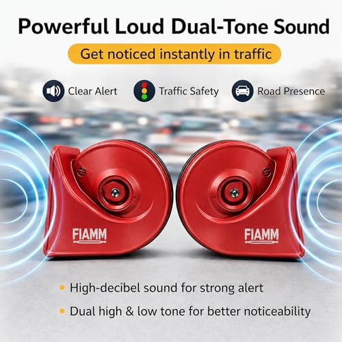Image of FIAMM Car Horn 12V Loud Sound Dual Tone Snail Horn with Relay, Waterproof Heavy Duty Horn Set for Car, Bike & Truck, High Sound Universal Vehicle Horn (Set of 2)