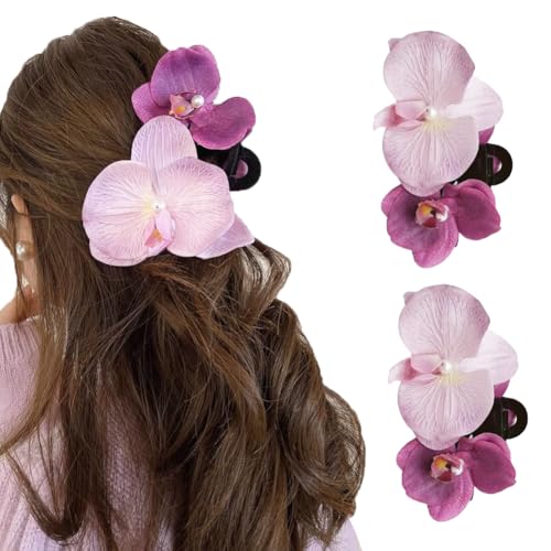 2 pinzas hawaianas grandes con forma de orquídea morada, horquillas para el pelo, accesorios para mujeres y niñas