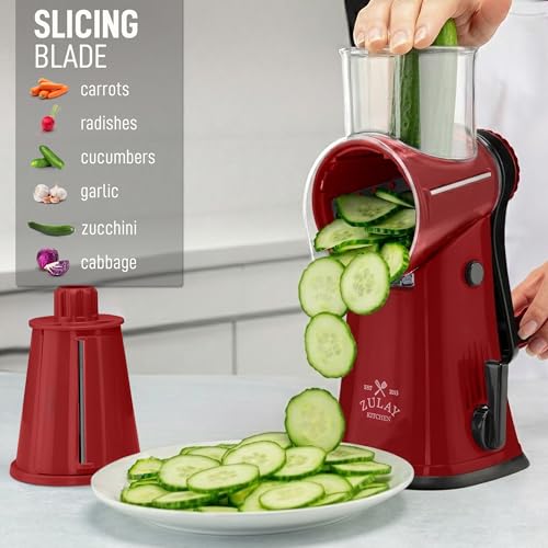 Image of Zulay Kitchen Rotary Cheese Grater 5 Blade Cheese Shredder - Manual Hand Crank Cheese Grater With Reinforced Suction & 5 Interchangeable Drums - Easy to Use, Vegetable Chopper Round Mandoline Slicer
