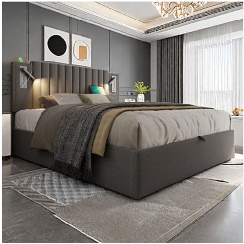 Sapgaks Lit capitonné 160x200cm, tête de lit Design Rivet avec Fonction de Chargement USB et liseuse, avec Coffre de lit à Rangement hydraulique, matière...