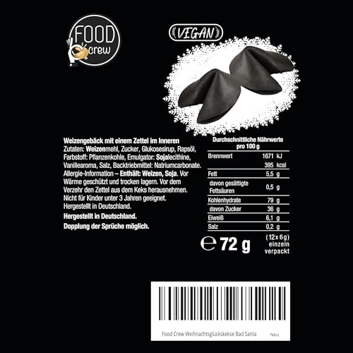 FOOD crew 12x Weihnachtsglückskekse Bad Santa – Glückskekse Weihnachten - Süßigkeiten Weihnachten - Gebäck Einzeln Verpackt mit deutschen Sprüchen - Vegan - Made in Germany