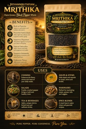 Image of Black Pepper Whole (Kali Mirch Sabut) - MRITHIKA Farm Grown Peppercorns | No Pesticides | Coastal Karnataka Origin | Fresh & Aromatic (200gm)