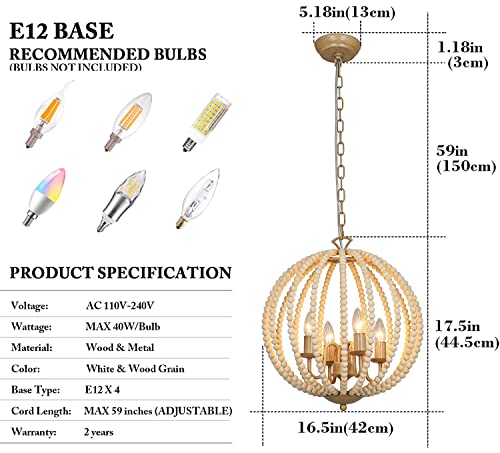 Farmhouse Wood Beaded Chandelier, Boho 4-Lights 16.5" Wood Candle Style Chandelier Light Fixture, Rustic Modern White Wood Bead Chandelier for Dining Room, Kitchen Island, Hallway, Bedroom, E12 - Image 4