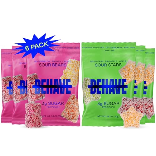 BEHAVE Low Sugar Gummy Candy (Sour Variety 6-Pack) - Keto, Diabetic Friendly, High Fiber, Gluten-Free & Non-GMO
