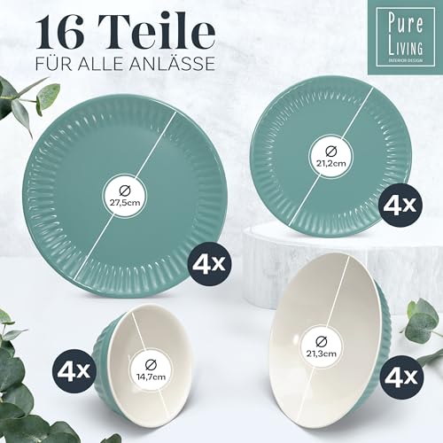 Steingut Geschirrset 4 Personen Hygge 16 tlg. TESTSIEGER, Traumhaftes Skandinavisches Steingut Geschirr Set, Schüssel- und Teller Set, Tafelservice 4 Personen, Geschirrsets Pure Living in Petrol
