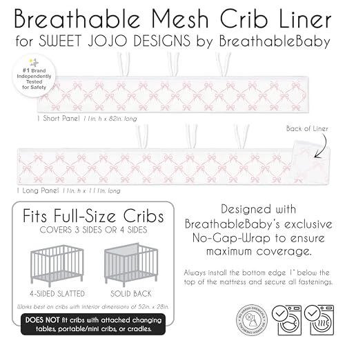 Sweet Jojo Designs + BreathableBaby Pink Bows Girls Breathable Mesh Crib Liner Baby and Infant - Blush and White Bow for the Shabby Chic, Ballet Dancer, Elegant Coquette, Ballerina Princess Collection