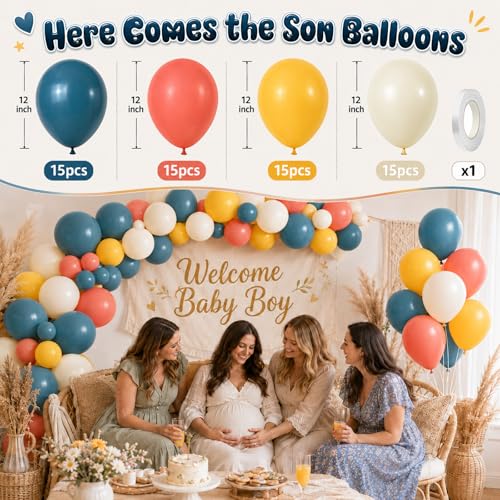 Image of Blue Orange Yellow Balloons, 60 Pcs 12 Inch Retro Blue Orange Mustard Yellow Slate and White Beige Latex Helium Balloons for Boho Rainbow Theme Baby Shower First Birthday Party Decorations