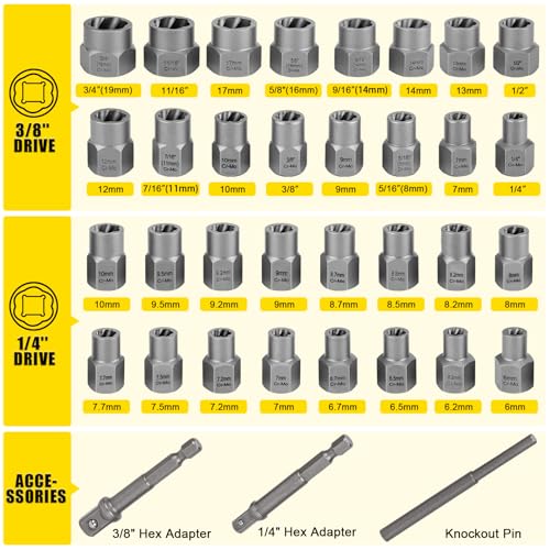 Image of TOPEC Bolt Extractor Kit, 35-Piece Stripped Bolt Extractor Socket Set | 1 /4 inch & 3 /8 inch Drive Easy Out Socket Set, Nut Remover for Removing Broken, Rusted, Rounded Fasteners