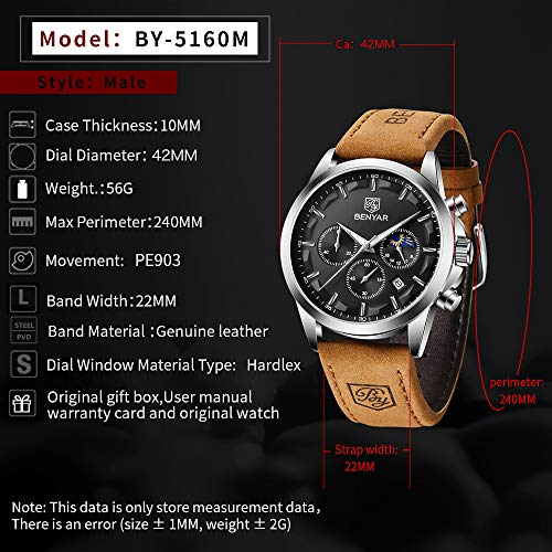 Image of BENYAR Men's Watch Quartz Movement Watches for Men 3ATM Waterproof Men's wristwatches Multifunctional Chronograph with dial Date Display Business Casual
