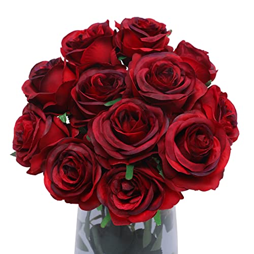 Floralsecret Lot de 12 Rosas Artificiales de Seda con Tallo Largo para decoración de casa, Boda, Fiesta, jardín, Vino Rojo