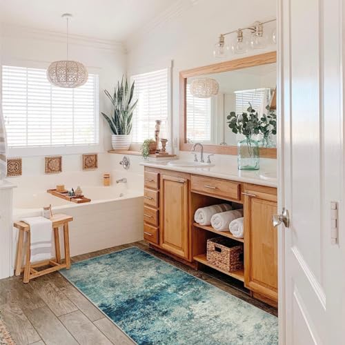 Lahome Modern Abstract Hallway Runner Rug 8ft, Washable 2x8 Rug Runners for Hallways Non Slip, Soft Bathroom Kitchen Runner Non Skid Carpet Runner for Entryway Laundry Bedroom RV, Blue/Grey