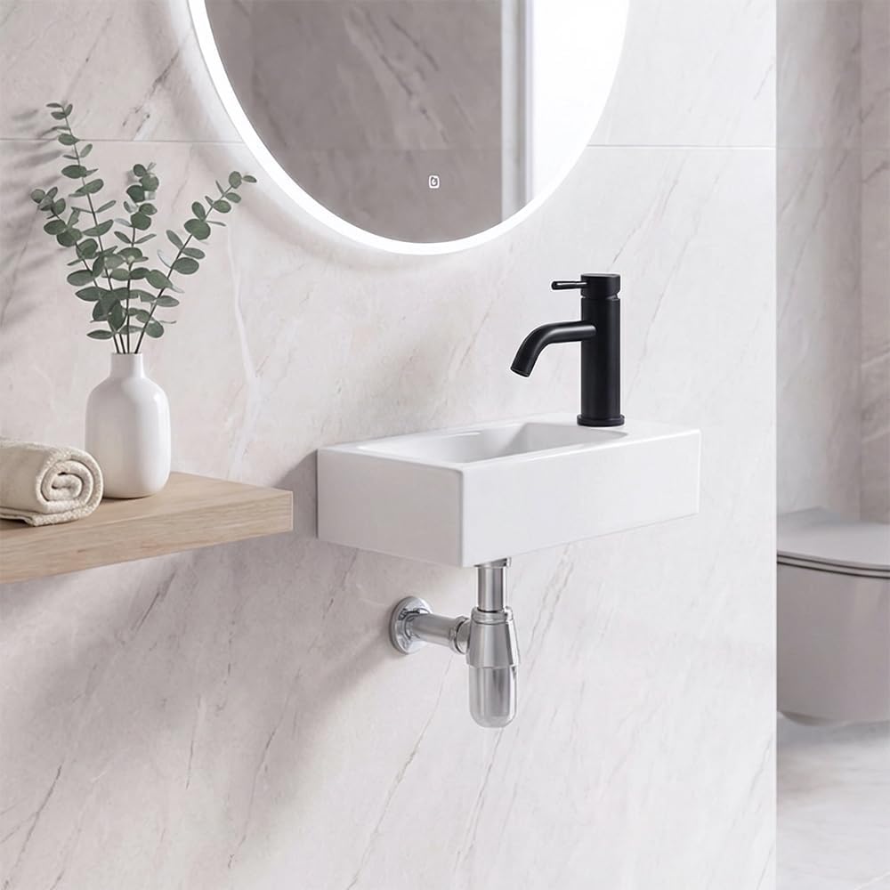 Small Wall Mounted Bathroom Sink, MAISINK 14.5"x7.3" Compact Rectangular Ceramic Wall Hung Vanity Sink with Faucet, Mini Lavatory Sink for Tiny Bathroom, Wall Mounted Wash Basin (Right Hand)