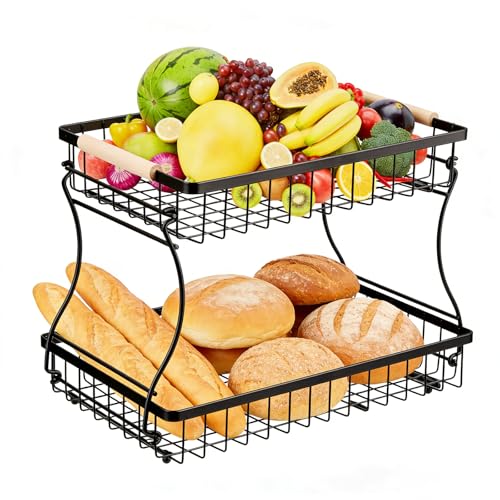 VINATO Frutero de 2 Niveles de Metal – Organizador Moderno con Asas de Madera, para Cocina, Baño & Más – Ideal para Frutas, Verduras & Almacenamiento, Negro