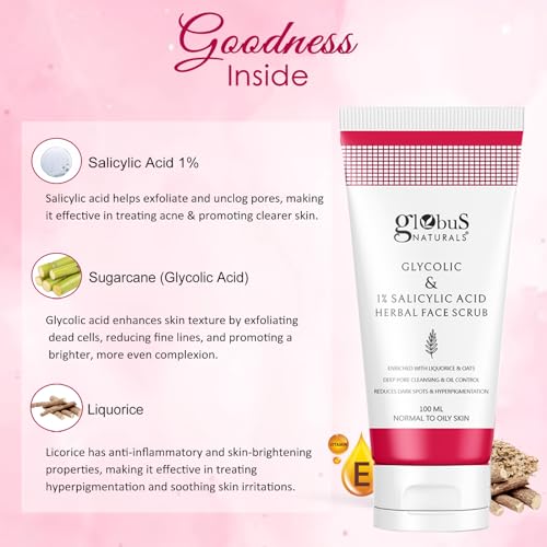 Image of Globus Naturals Glycolic & 1% Salicylic Acid Herbal Anti Acne Face Scrub, Enriched with Liquorice & Oats, Deep Pore Cleansing & Oil Control, Reduces Dark spots & Hyperpigmentation, 100 gm