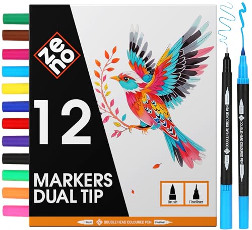 ZENO 12 Set Pennarelli Doppia Punta con Confezione Cartone – Marker Punta Fine e Punta Pennello – Pennarelli Professionali per Adulti, Disegno e Colori - Brush Pen per Artisti, Libri da Colorare