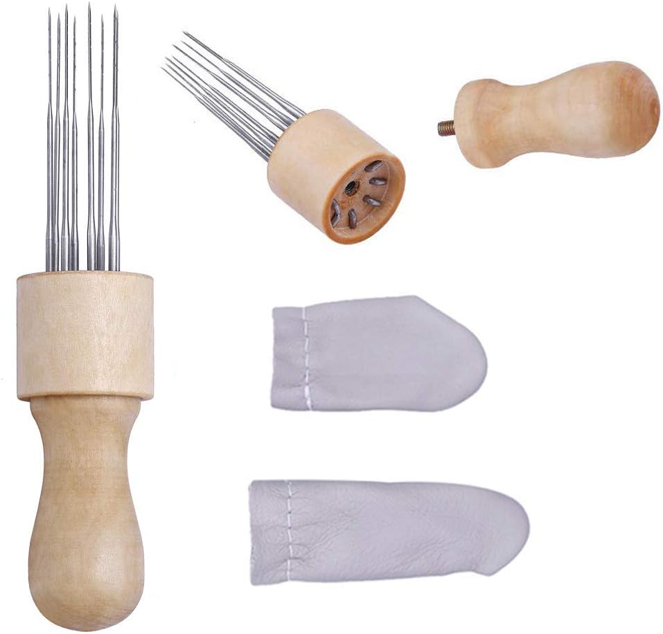 Mayboos Felting Needle with Eight Needles Tool,Craft Wool Felt Stitch Punch Tool with Solid Wood Handle Felting Eight Needles Tool with Finger Cots
