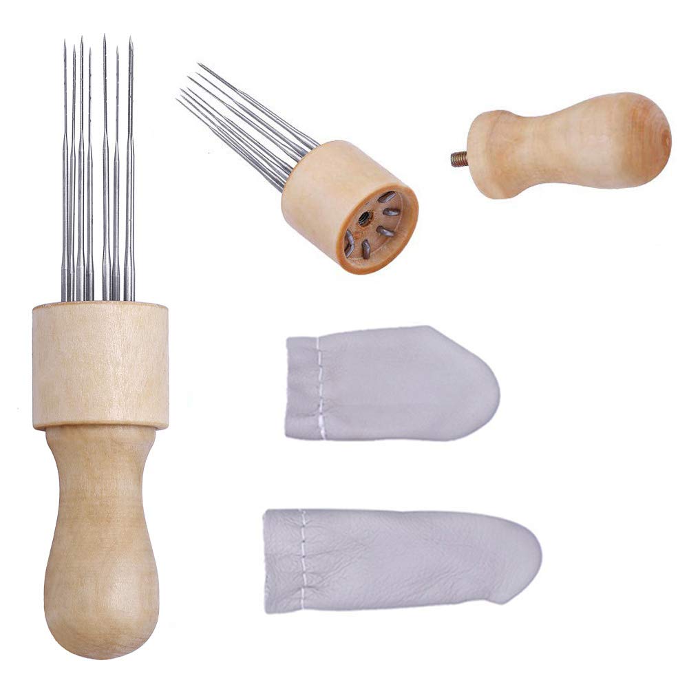 Mayboos Felting Needle with Eight Needles Tool,Craft Wool Felt Stitch Punch Tool with Solid Wood Handle Felting Eight Needles Tool with Finger Cots