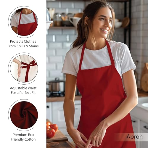 Image of Encasa XO Kitchen Towels and Dishcloths Sets | 21 Pcs Apartment Essentials Set | Oven Mitts and Pot Holders with Hanging Loop | Cooking Apron, Dish Cloth, Flour Sack and Coasters Red Combo