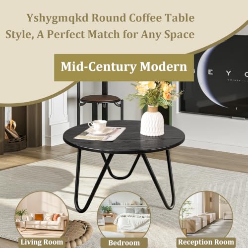 Image of Round Coffee Table Black Wooden Coffee Tables for Living Room Mid-Century Modern Center Table Wood Grain Desktop and Metal Legs Easy to Assemble