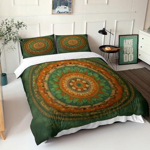 Housse de Couette Mandala Fleurs Parure Lit 200x200 Verte