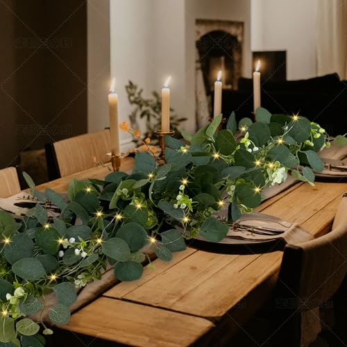 Eucalyptus Garland with Lights, 2 Packs 6FT Artificial Lighted Garland, Spring Summer Green Faux Garlands for Indoor Outdoor Home Decor Table Runner Wedding Arches Centerpieces Backdrops Decor by WEITANKG - Image 4