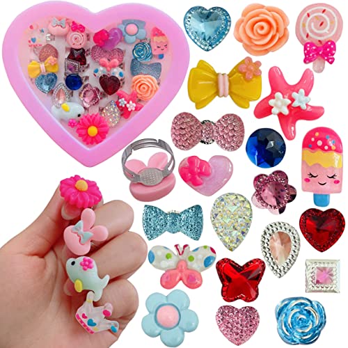 24Pcs Rings For Girls Kids Dress Up Rings Jewelry Set Lovely Toys For Little Girls Adjustable, No Duplication, Girl Pretend Play Gift With Box #TOP1
