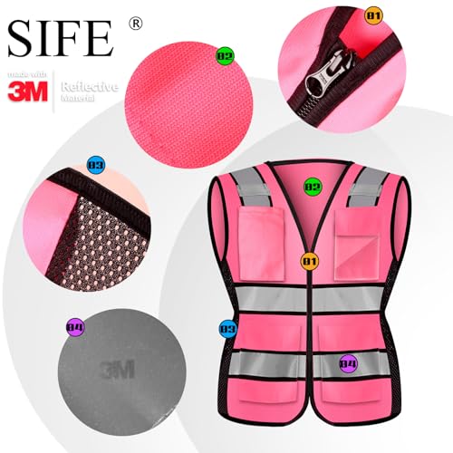 SIFE Colete feminino com 8 bolsos, feito com fita reflexiva 3M, zíper durável YKK, compatível com AN