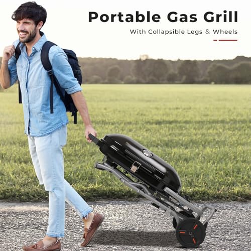 R.W.FLAME Portable Propane Gas Grill, BBQ Grill with Porcelain-Enameled Cast Iron Grates, 406 sq.in. Grilling Areas, 15,000 BTU, Built-in Thermometer, Barbecue Grill for Patio,Party,Black