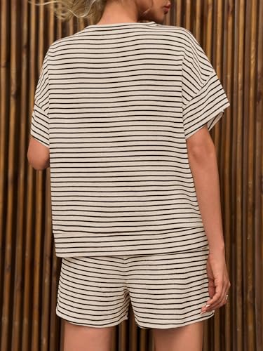 Image of Tankaneo Womens Pajama Sets Striped 2 Piece Lounge Sets Short Sleeve Oversized T Shirts Drawstring Shorts Matching Set