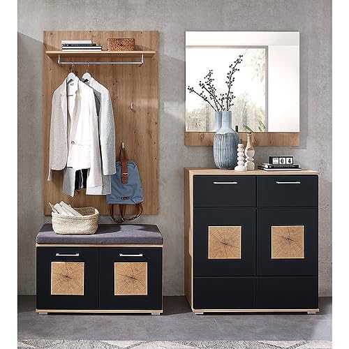 Lomadox Garderoben-Set 4-teilig in braun mit schwarz | Flurgarderobe in Eiche mit schwarz supermatt | Garderobenpaneel, Flurbank, Schuhschrank, Spiegel