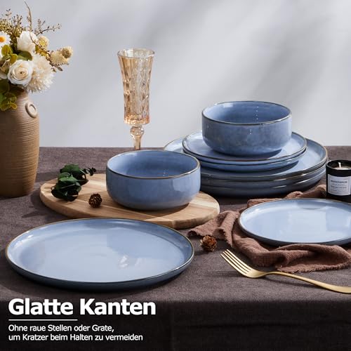 Geschirr Set für 6 Personen, Onader 18 Teiliges Steinzeug Tafelservice Kombiservice, je 6 Speiseteller, Dessertteller, Müslischalen, Spülmaschinenfest & Stabil - Gelassenheit Blau