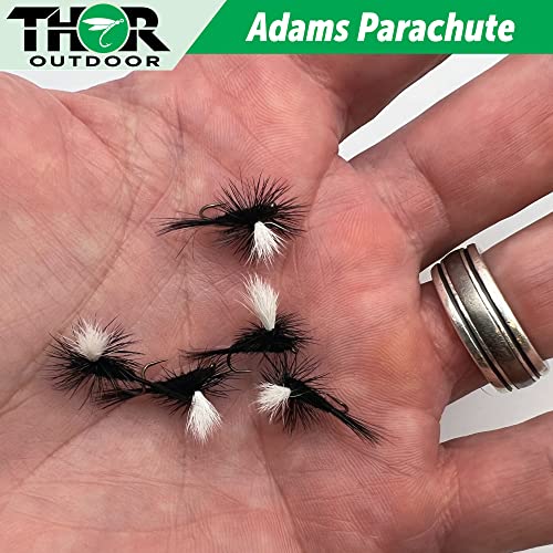 Thor Outdoor Adams Parachute Dry Fly - 6 Pc Set - Black, Hook Size #18 - Simple, Effective Fly Fishing Flies For Trout, Bluegill, Freshwater Panfish #TOP5