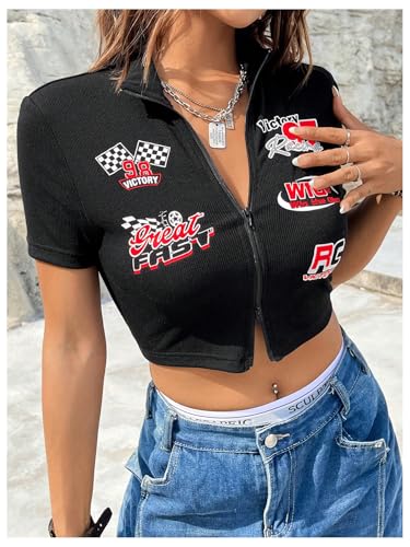 SweatyRocks Women's Letter Graphic Zip Up T Shirts Collar Short Sleeve Slim Fit Crop Tops4