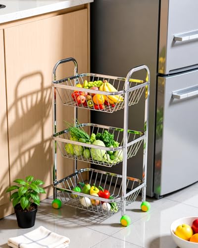 Image of Stainless Steel 3-Tier Kitchen Trolley with Wheels, Vegetable and Fruit Storage Organizer Basket Rack Stand.