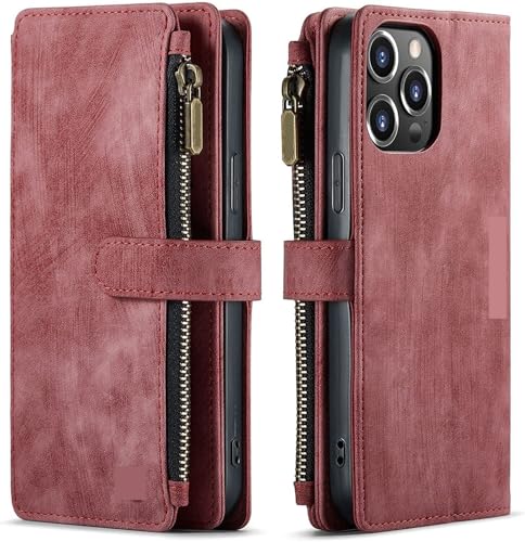 Étui portefeuille iPhone 13 protection intégrale antichoc rouge housse folio zippée cuir