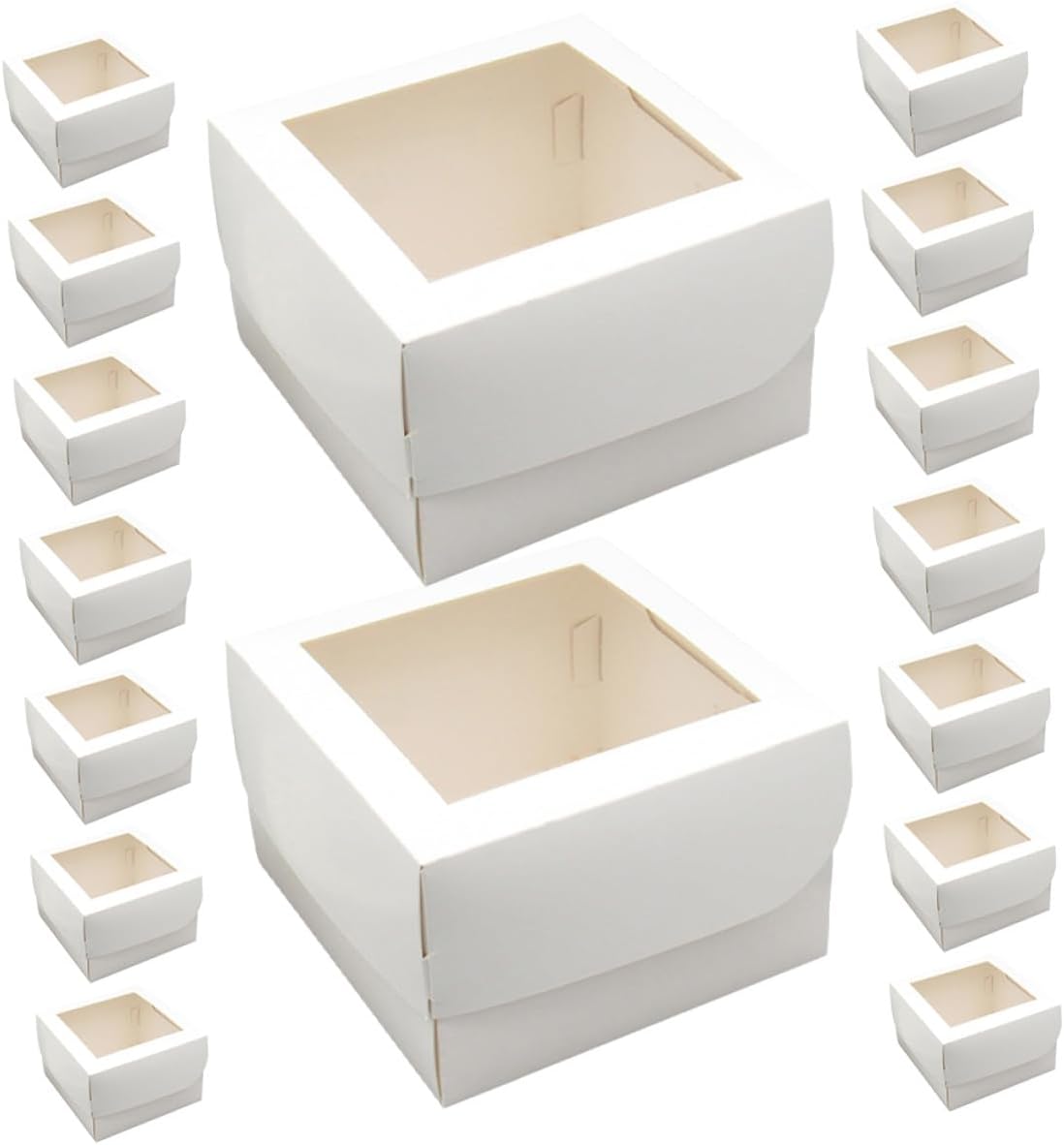 25pcs 4-inch Small Bakery Cake Boxes with Window, Food-grade 350gsm White Cardboard, Square Pastry Dessert Takeout Containers with Paper Trays for Cupcake Carriers and Bakery