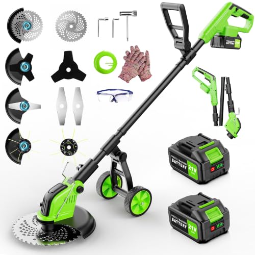 Kihoplly 12 Stringless Weed Wacker Cordless Eater 21V 6000mAh Battery Powered Trimmer Edger Lawn Tool 20000 RPM Powerful Electric Wheeled Lawn Edger with Blades Foldable& Lightweight Brush Cutter