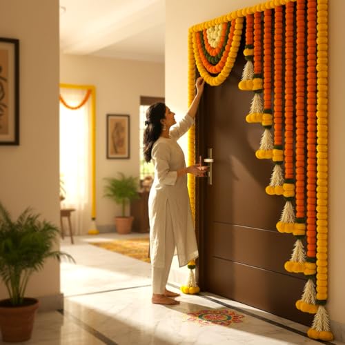 Image of Rajasthan Kraft Marigold Door Toran 65x40 Inch, Artificial Flower Bandanwar for Main Door Entrance| Festive Wall Hanging Decor for Diwali| Wedding, Pooja|(Yellow,Orange Flower and Tuberose Tassels)