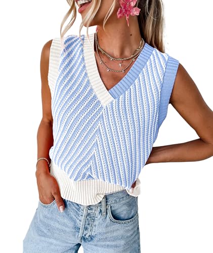 Image of MARZXIN Women Sleeveless Sweater V Neck Casual 2026 Fall Knitted Chevron V Neck Sweater Vest Color Block Pullover Sweater Top
