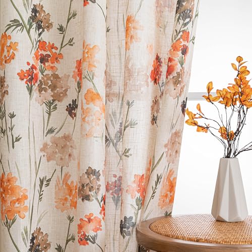 Image of MYSKY HOME Orange Linen Floral Curtains Semi Sheer Grommet Drapes Light Filtering & Privacy Protect, Farmhouse Window Treatments for Bedroom Living /Dining Room,52 inchx95 inch,2 Pcs