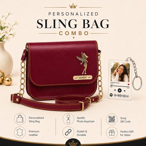 Image of SAVRI Personalized Rakhi Gift for Sister | Customized Leather Sling Bag with Name & Charm and Spotify Photo Keychain with Favourite Song, Personalised Gift Combo for Sister, Behan, Didi- Bro Sis Gift