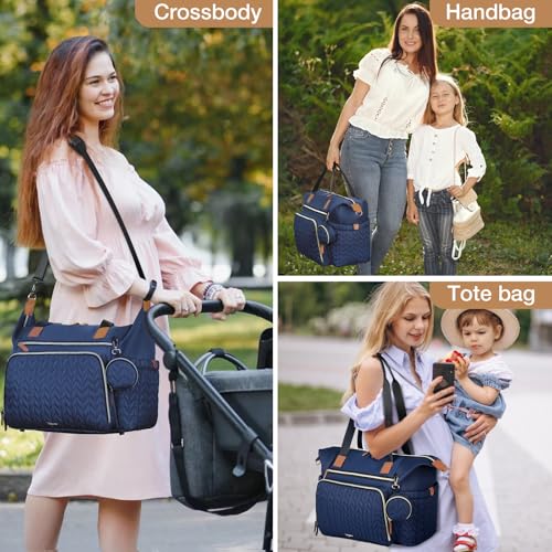 Image of Diaper Bag Tote, Large Baby Hospital Bag for Labor Delivery Mom | Travel Diaper Tote with Changing Pad, Pacifier Case, Insulated Pockets, Luggage Sleeve, Shoulder Strap, Dark Blue