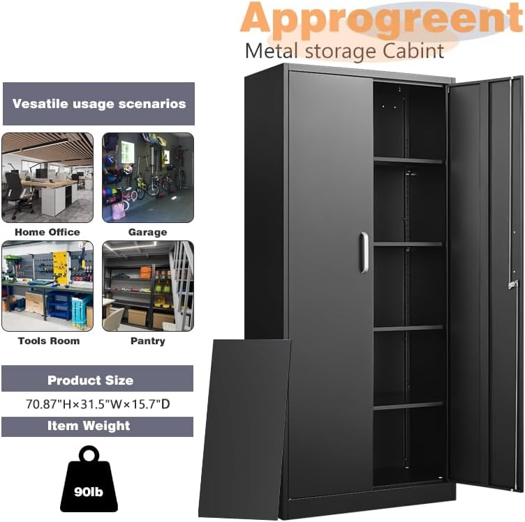 Miniatura 4 de Armario de almacenamiento de metal con estantes ajustables, armario de garaje con 2 puertas con cerradura, armario de almacenamiento de garaje,