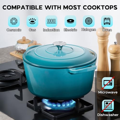 Onader Enameled Cast Iron Dutch Oven, 6 QT Dutch Oven Pot with Lid, Heavy Duty Cookware for Sourdough Bread Baking - Dark Cyan